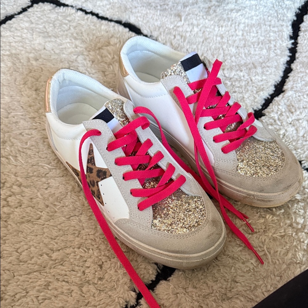 White Sneakers with Pink Laces and Glitter Accents